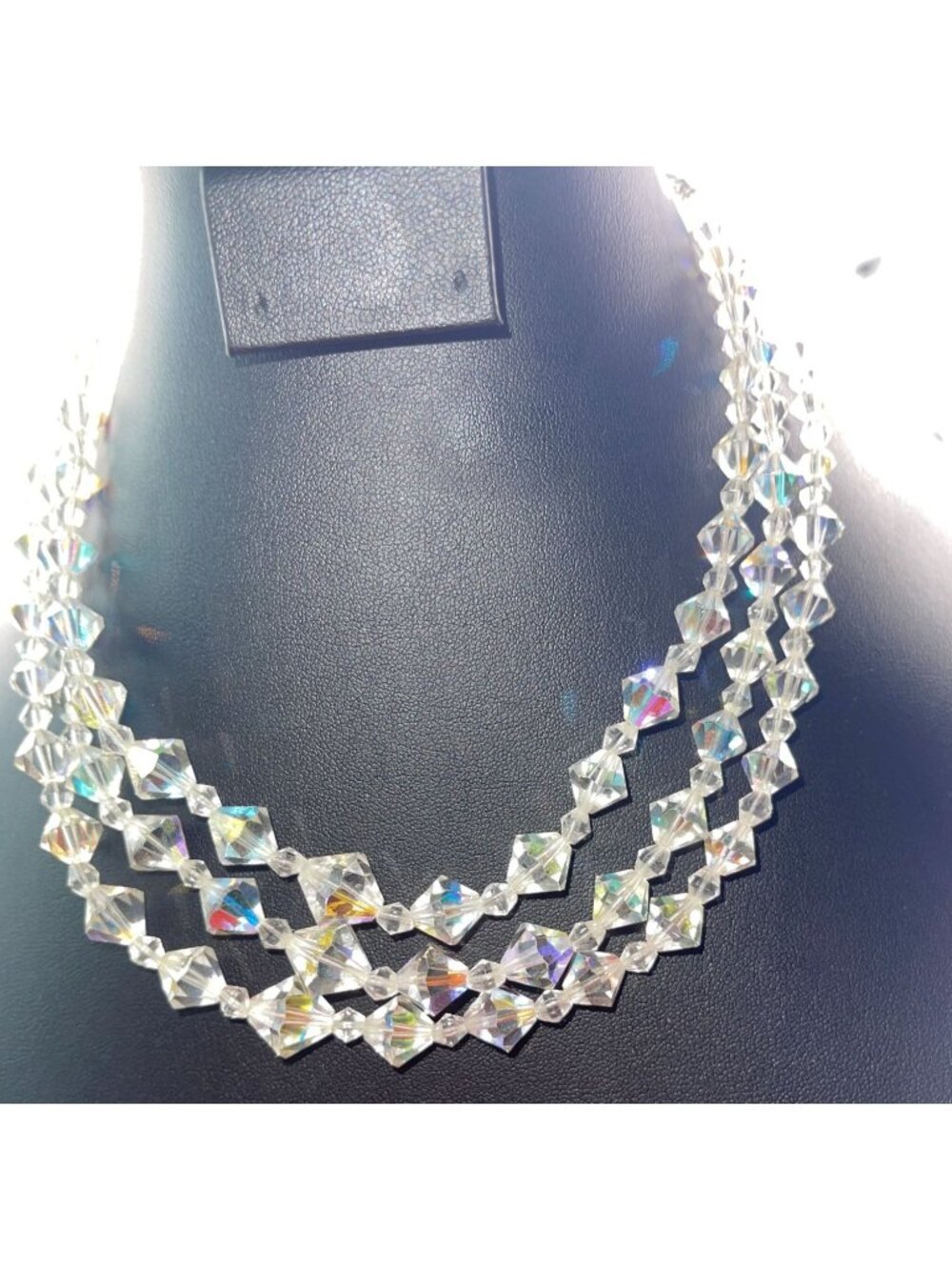 Vintage 1950s Triple Strand Aurora Borealis Crystal Bead Necklace Adjustable Len